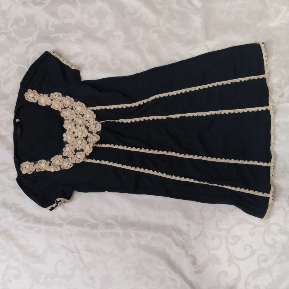 Navy cotton white trim floral collar mini dress